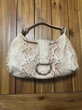 Elaine Turner Beige Leather Snake-Print Shoulder Bag with Gold Ring